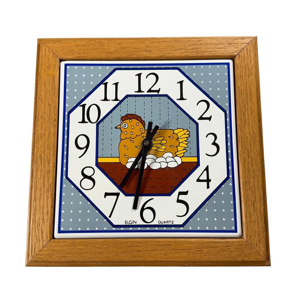 Vintage Elgin Quartz Wall‎ Clock Chicken Hen Ceramic Tile Wood Frame Country